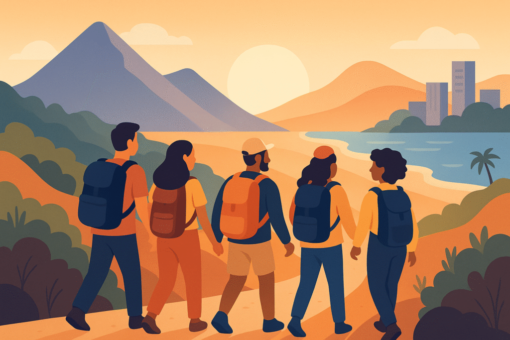 Grupo de viajeros caminando juntos al amanecer entre distintos paisajes.