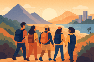 Grupo de viajeros caminando juntos al amanecer entre distintos paisajes.