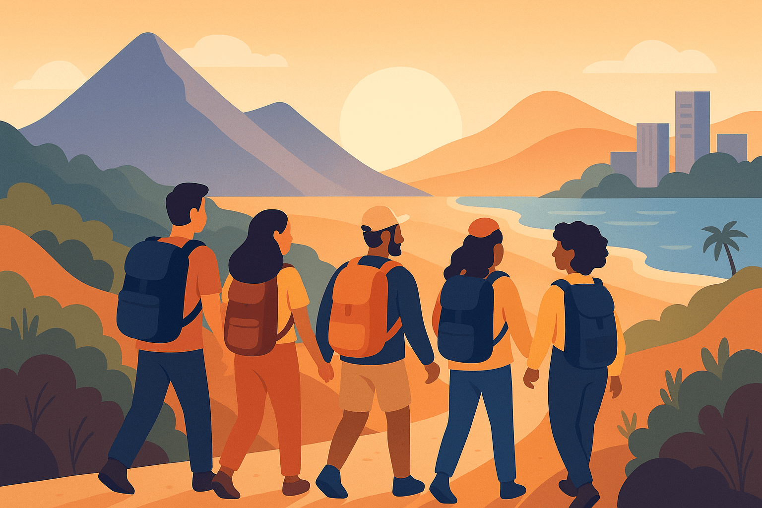 Grupo de viajeros caminando juntos al amanecer entre distintos paisajes.