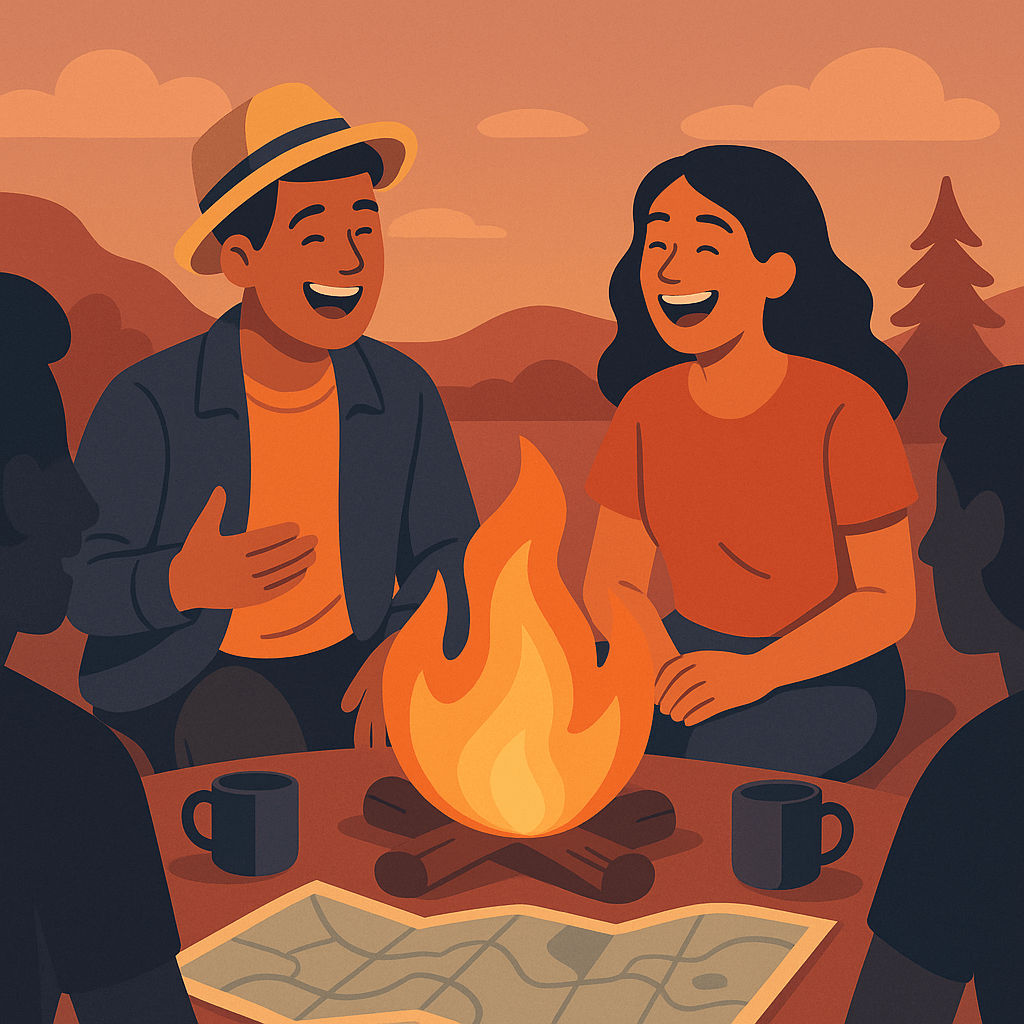 Personas riendo alrededor de una fogata mientras comparten historias de viaje.