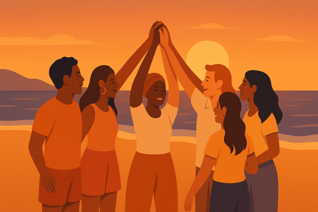 Grupo multicultural en círculo al atardecer celebrando unión y amistad.