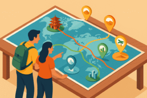 Mapa del mundo con rutas y viajeros planificando experiencias únicas.