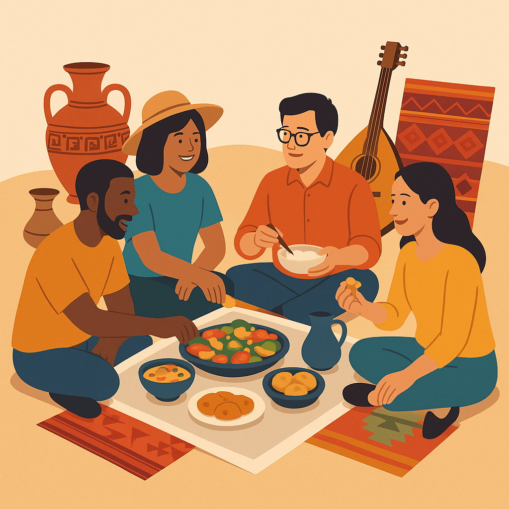 Viajeros compartiendo comida con elementos culturales de distintos países.