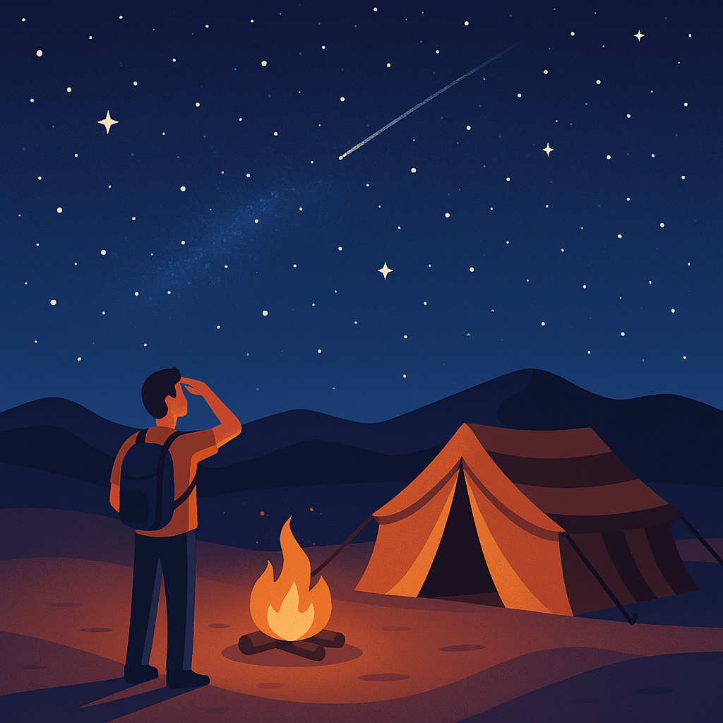 Viajero contemplando el cielo estrellado en un campamento del desierto.