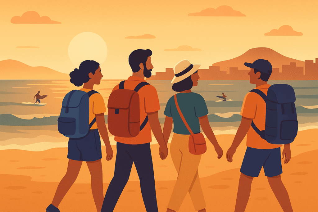 Viajeros caminando juntos al atardecer por la Playa de Las Canteras en Las Palmas.