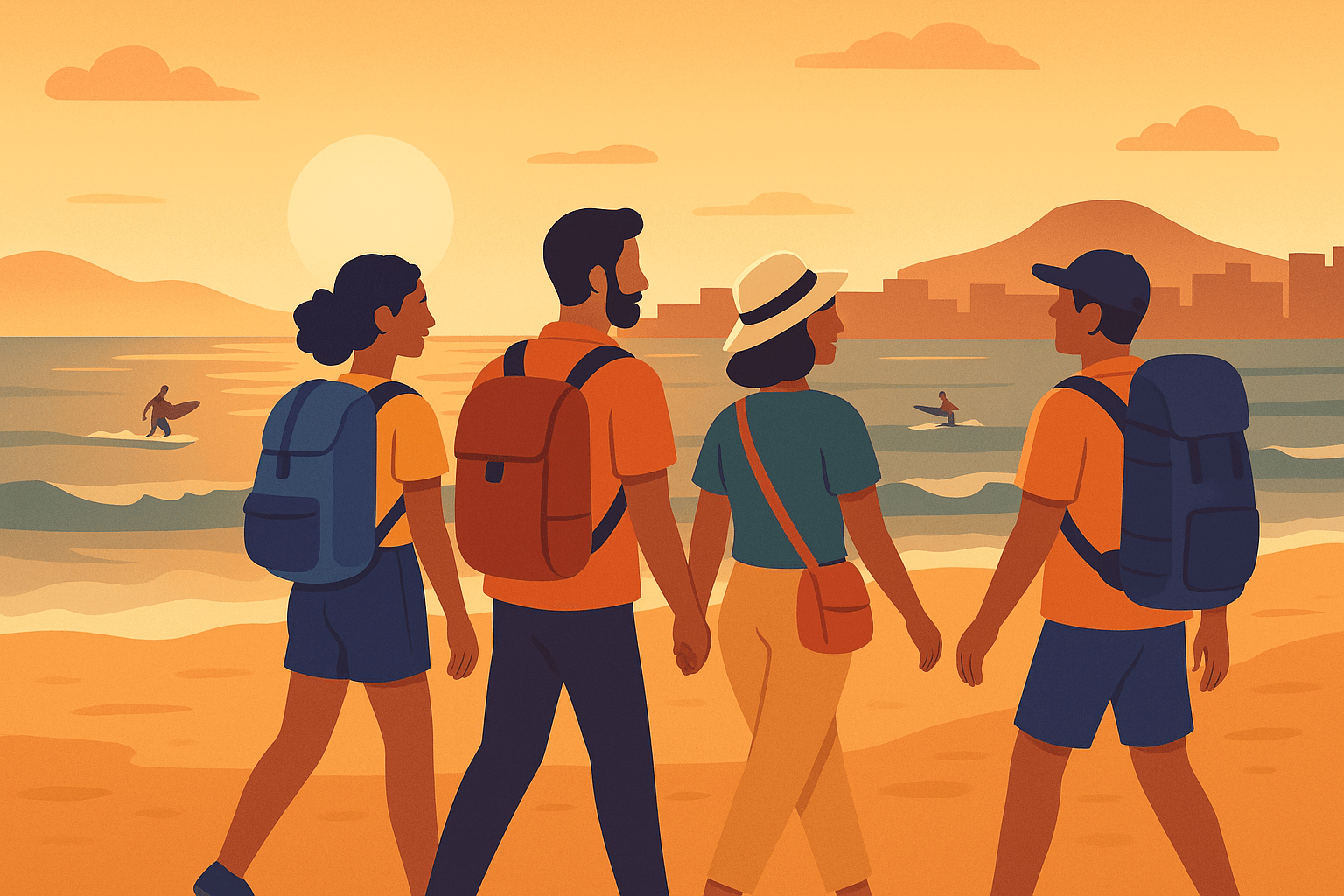 Viajeros caminando juntos al atardecer por la Playa de Las Canteras en Las Palmas.