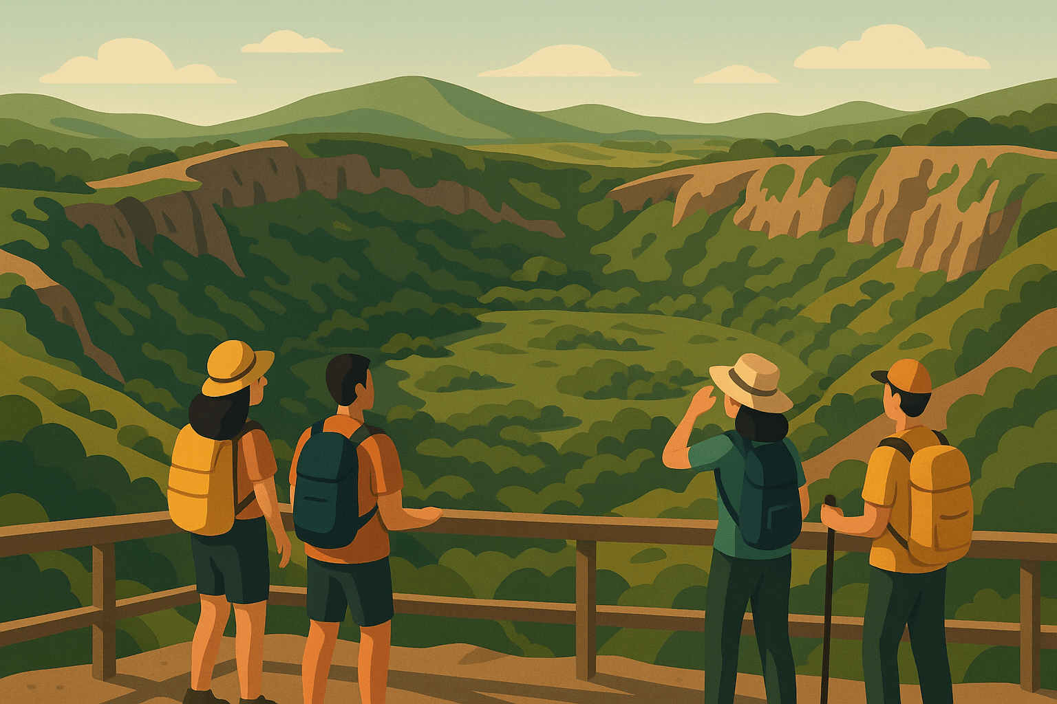 Excursionistas observando el cráter volcánico de Bandama cerca de Las Palmas