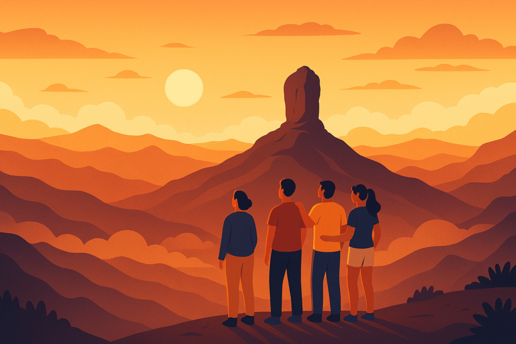 Grupo contemplando el atardecer sobre el Roque Nublo en Gran Canaria.