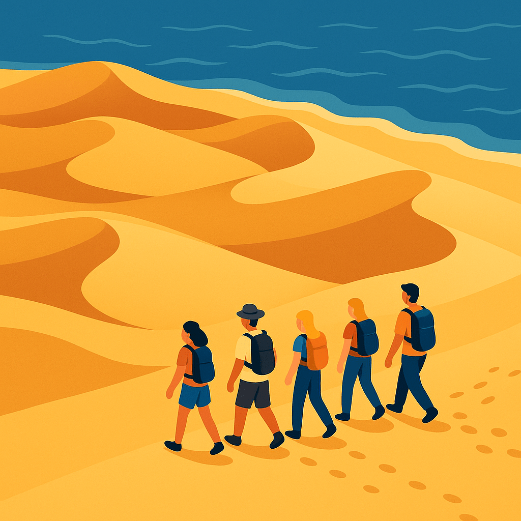 Grupo caminando por las Dunas de Maspalomas junto al mar.