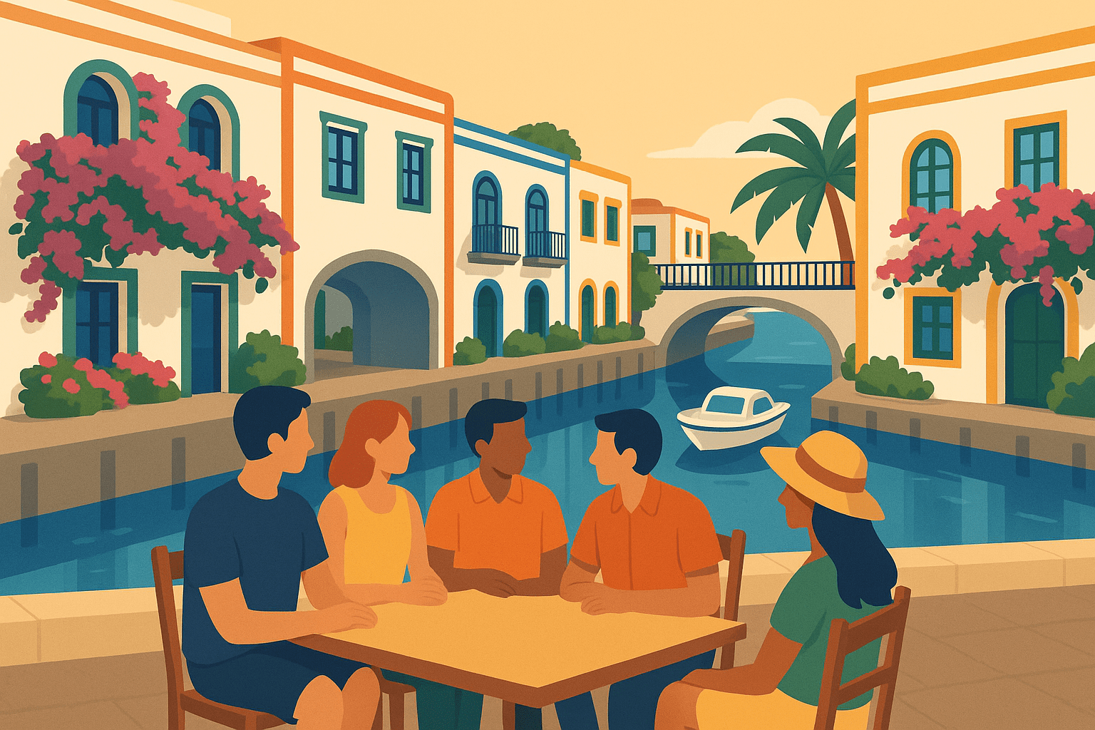 Grupo disfrutando en una terraza junto al puerto de Mogán rodeado de flores.