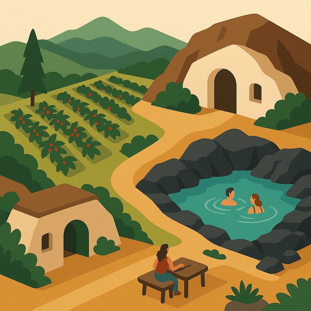 Escena que mezcla cafetales, cuevas y piscinas naturales de Gran Canaria.