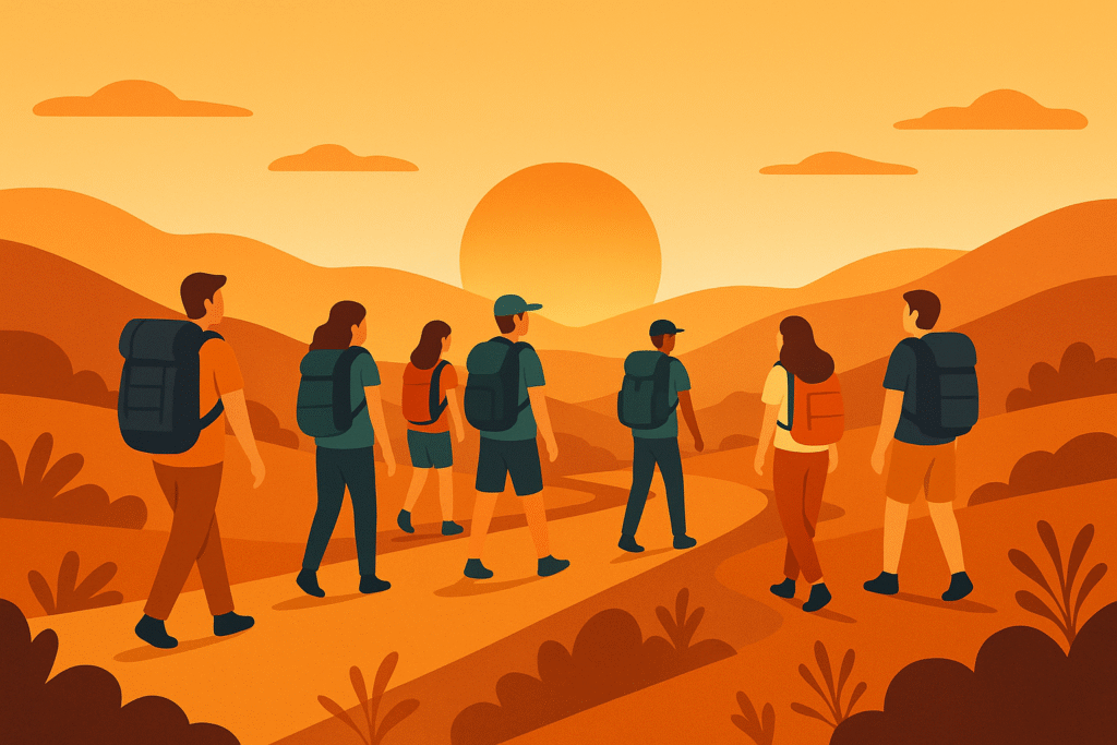 Grupo pequeño de viajeros caminando al atardecer, unidos pero independientes.