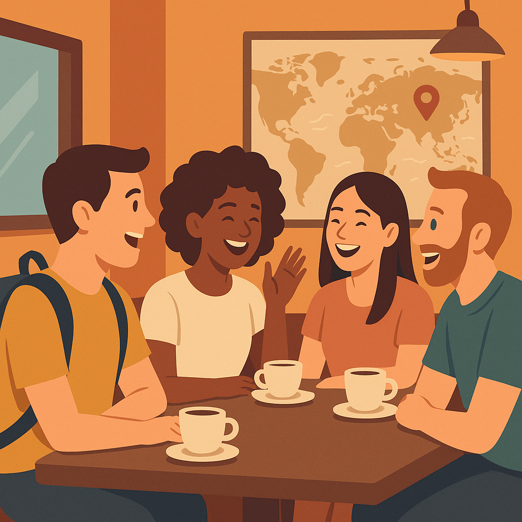 Viajeros compartiendo café y risas en una cafetería local durante un viaje grupal.