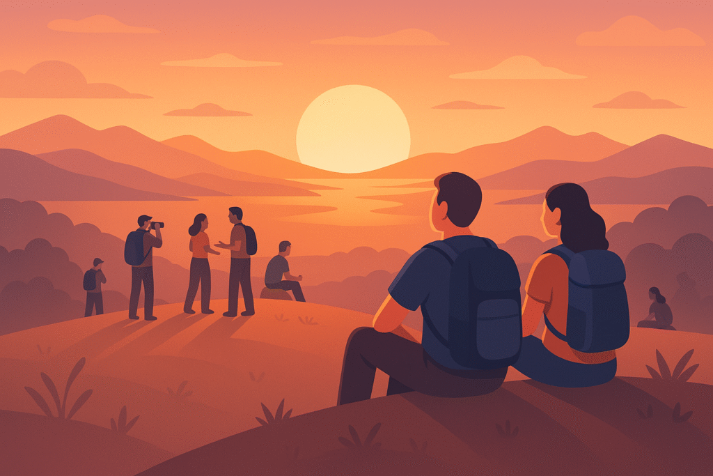 Viajeros disfrutando de un atardecer compartido, cada uno a su propio ritmo.
