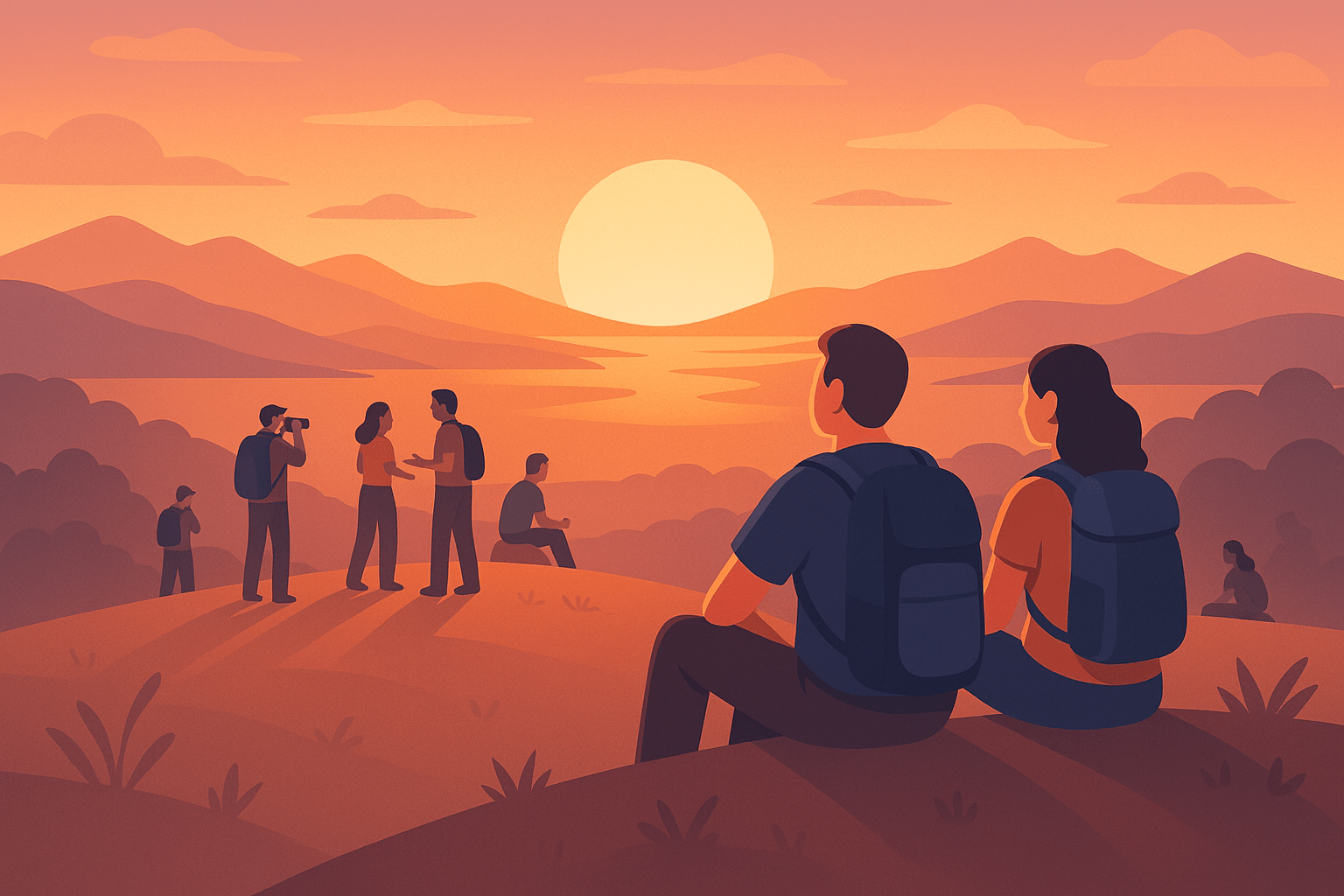 Grupo de amigos de viaje compartiendo una historia junto al fuego