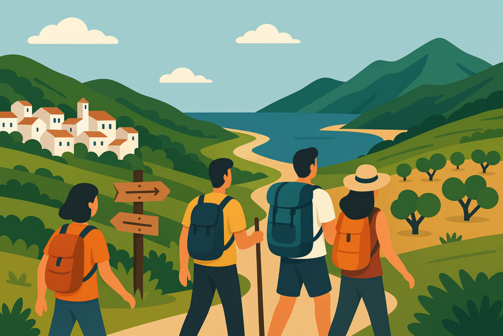 Grupo recorriendo rutas naturales y culturales de España en un viaje auténtico.