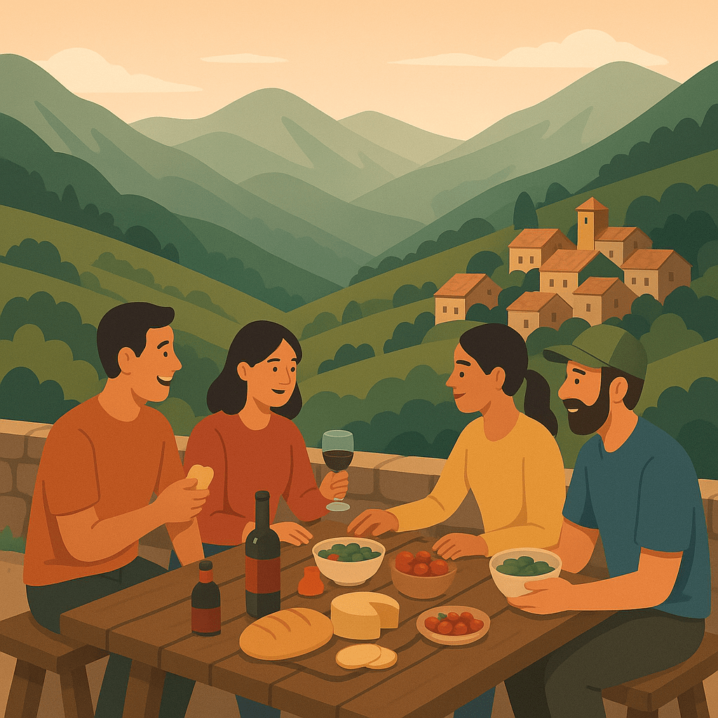 Viajeros compartiendo comida local en un mirador rural del norte de España.