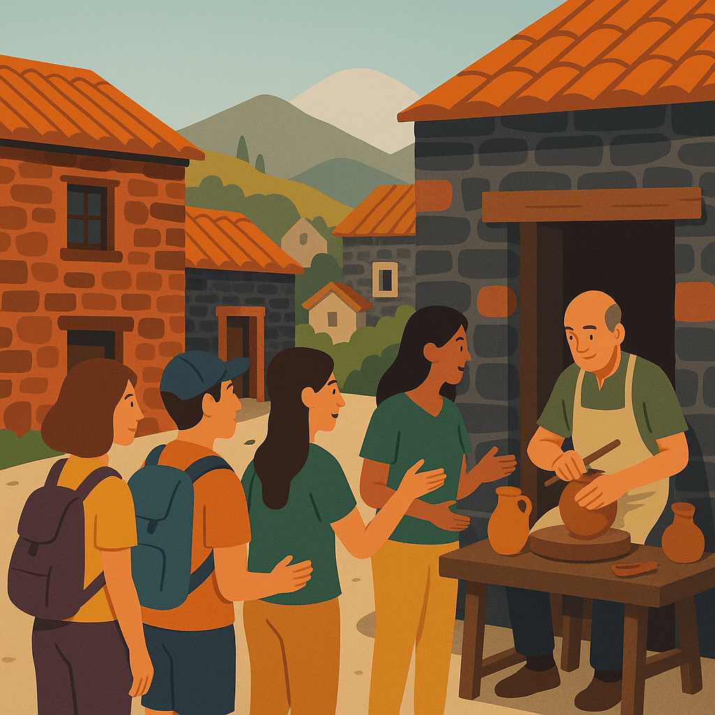 Grupo conversando con artesano local entre casas de piedra roja en un pueblo rural.