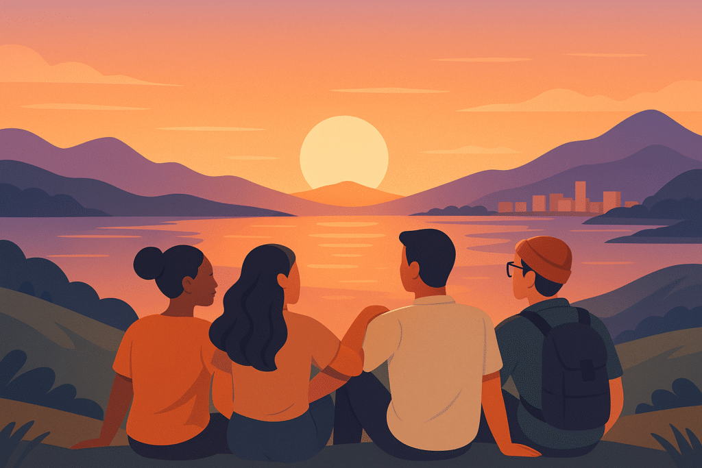 Viajeros contemplando el atardecer en grupo, símbolo de conexión y transformación.
