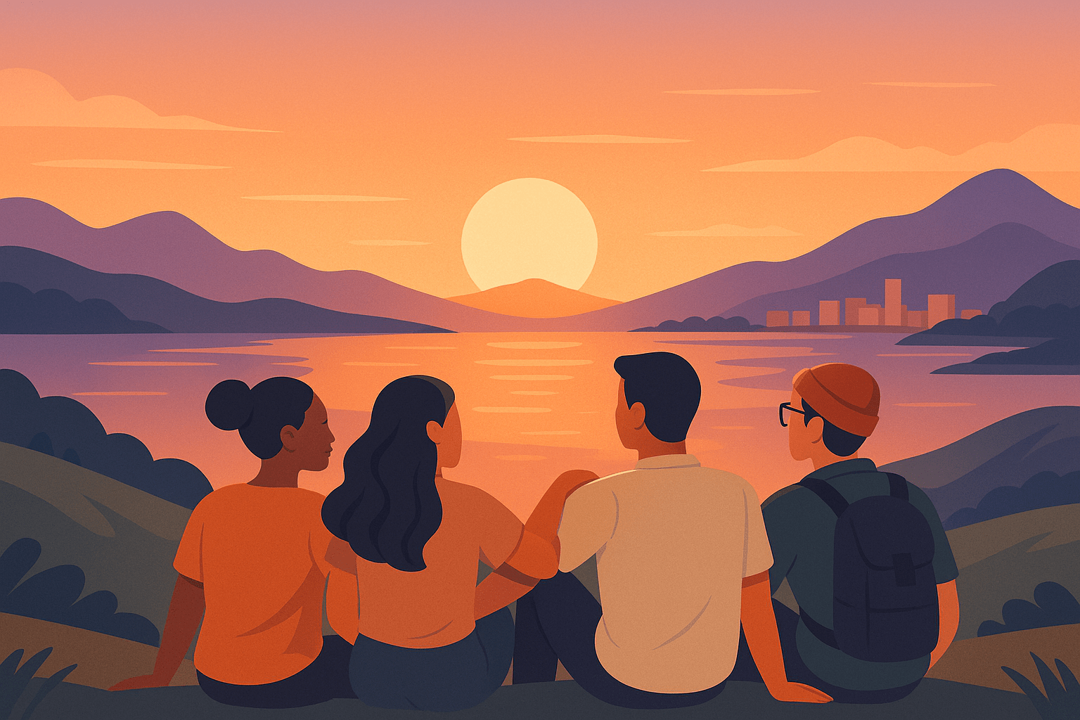 Viajeros contemplando el atardecer en grupo, símbolo de conexión y transformación.
