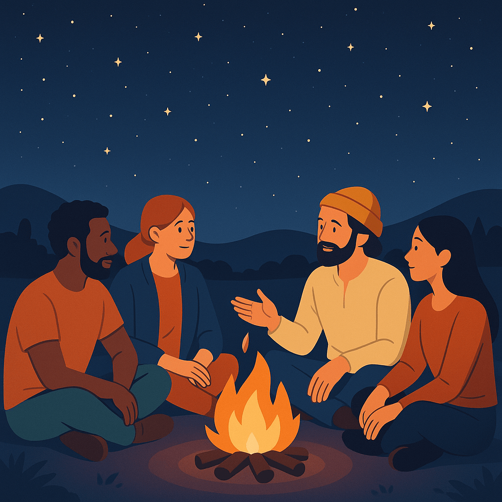 Viajeros charlando junto a una fogata bajo las estrellas, conexión emocional en grupo.