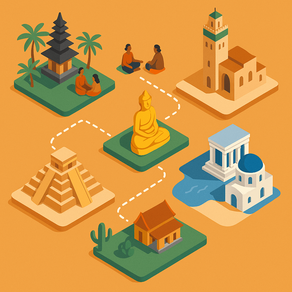 Collage de destinos globales conectados por una línea de viaje con propósito.