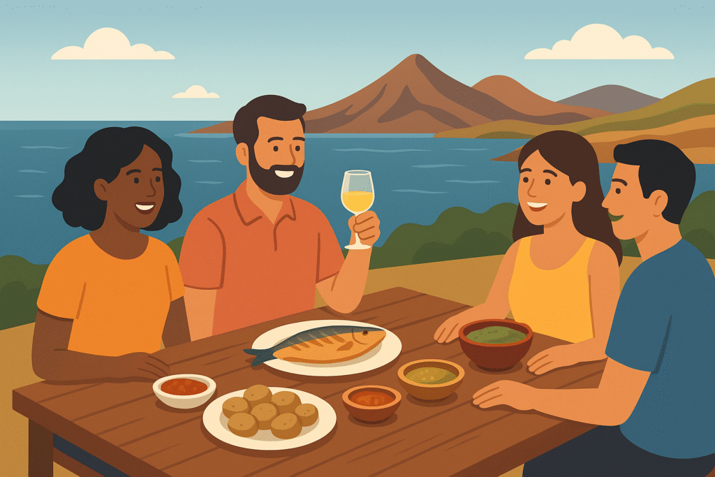 Mesa junto al mar con comida canaria y grupo disfrutando de una ruta gastronómica.