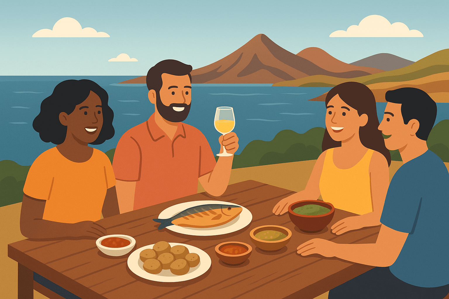 Mesa junto al mar con comida canaria y grupo disfrutando de una ruta gastronómica.