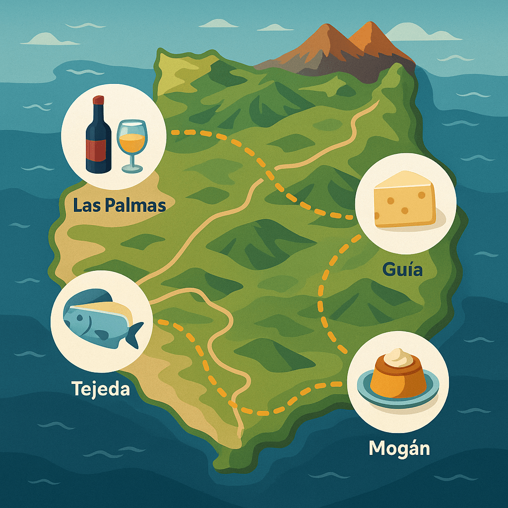 Mapa ilustrado de ruta gastronómica por Gran Canaria con iconos de comida local.