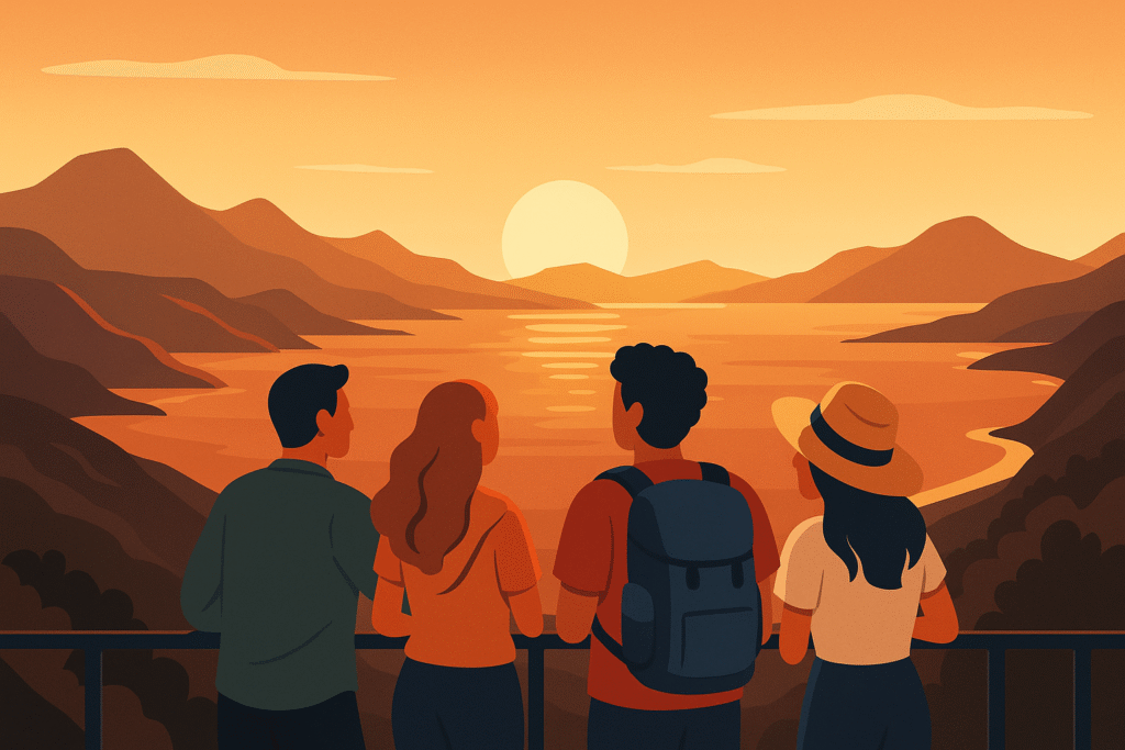 Grupo de viajeros contemplando el atardecer sobre el paisaje de Gran Canaria.