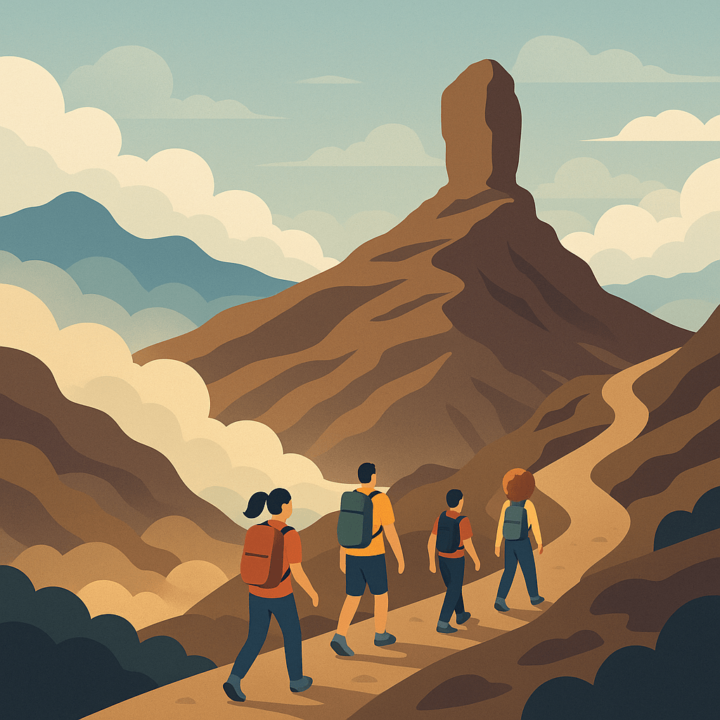 Grupo de excursionistas ascendiendo hacia el Roque Nublo entre nubes y montañas.